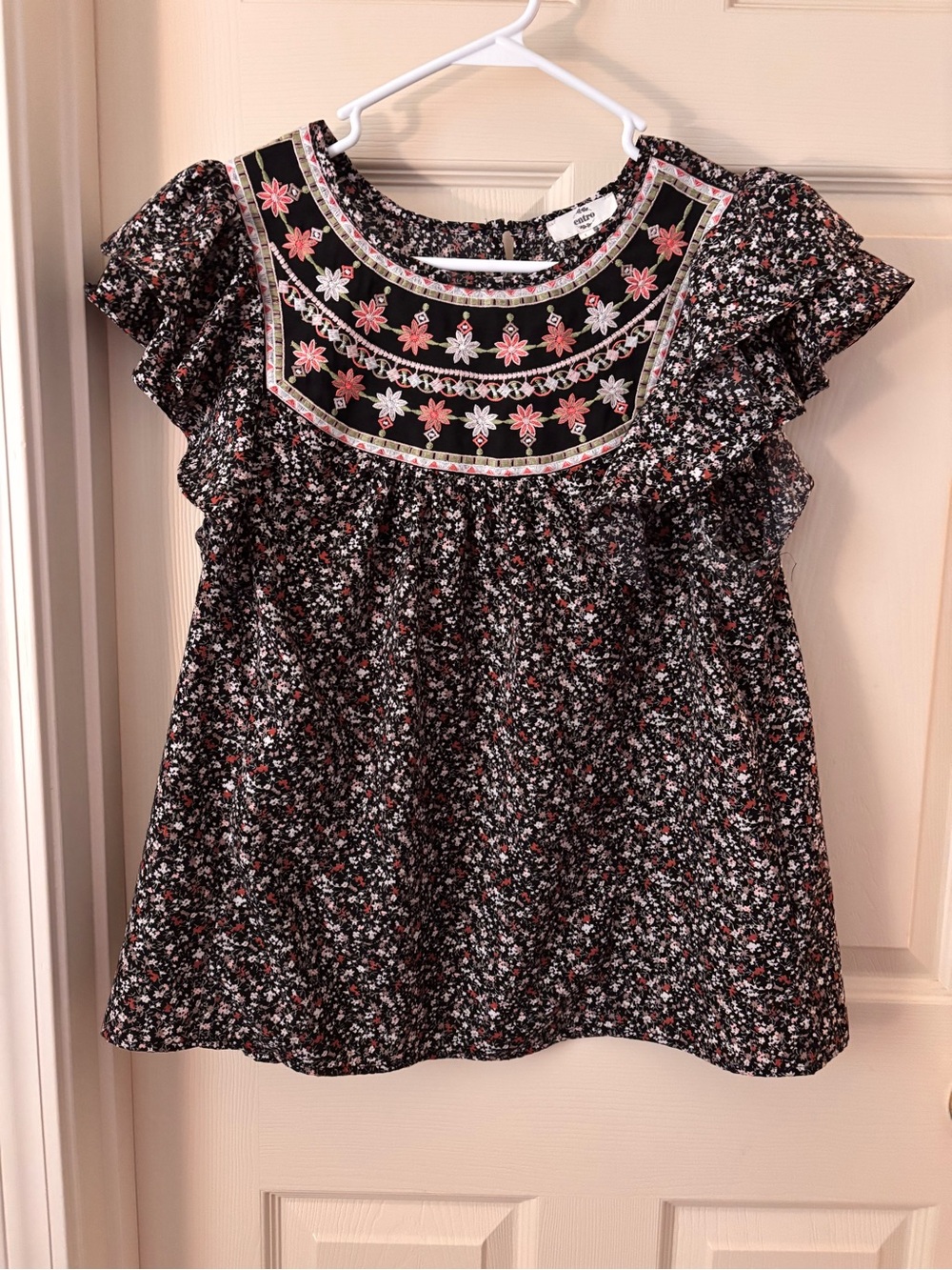 Floral Embroidered Black Flutter Sleeve Top